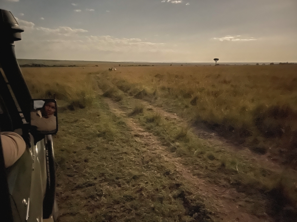 female safari guide watching hippos in the darkness