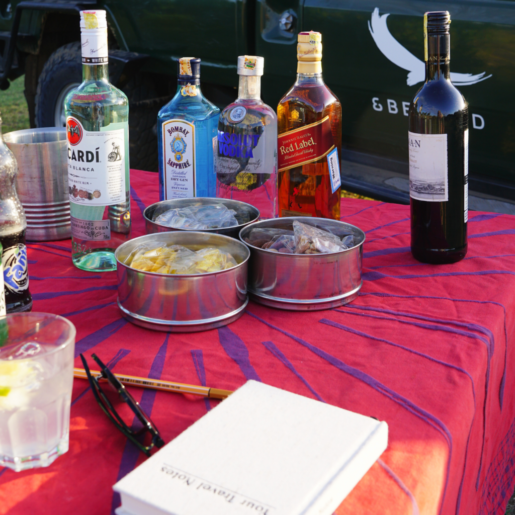 Drinks set up for sundowners on safari in Kenya